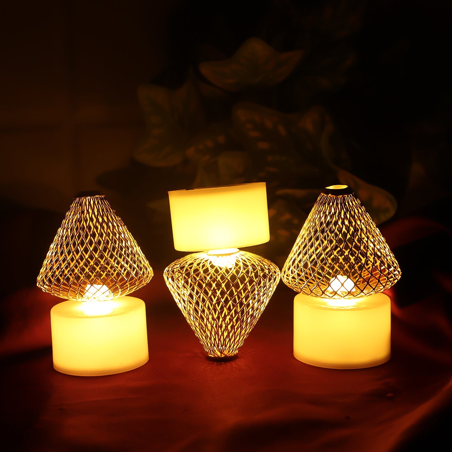 Set Of 12 Decorative Led Flameless Candle Lights With Golden Net Cover Wukusy