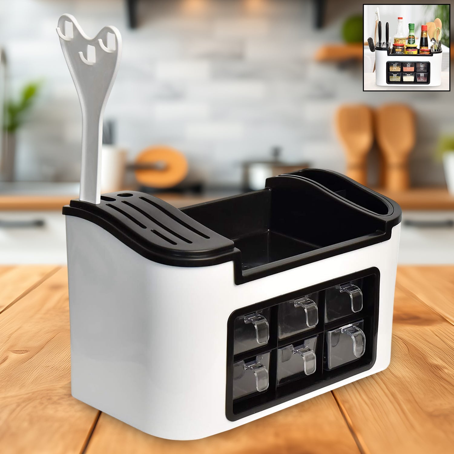 Multifunctional Kitchen Storage Organizer Rack With 6 Spice Containers Knife  Spoon Holder And Top Shelf Wukusy