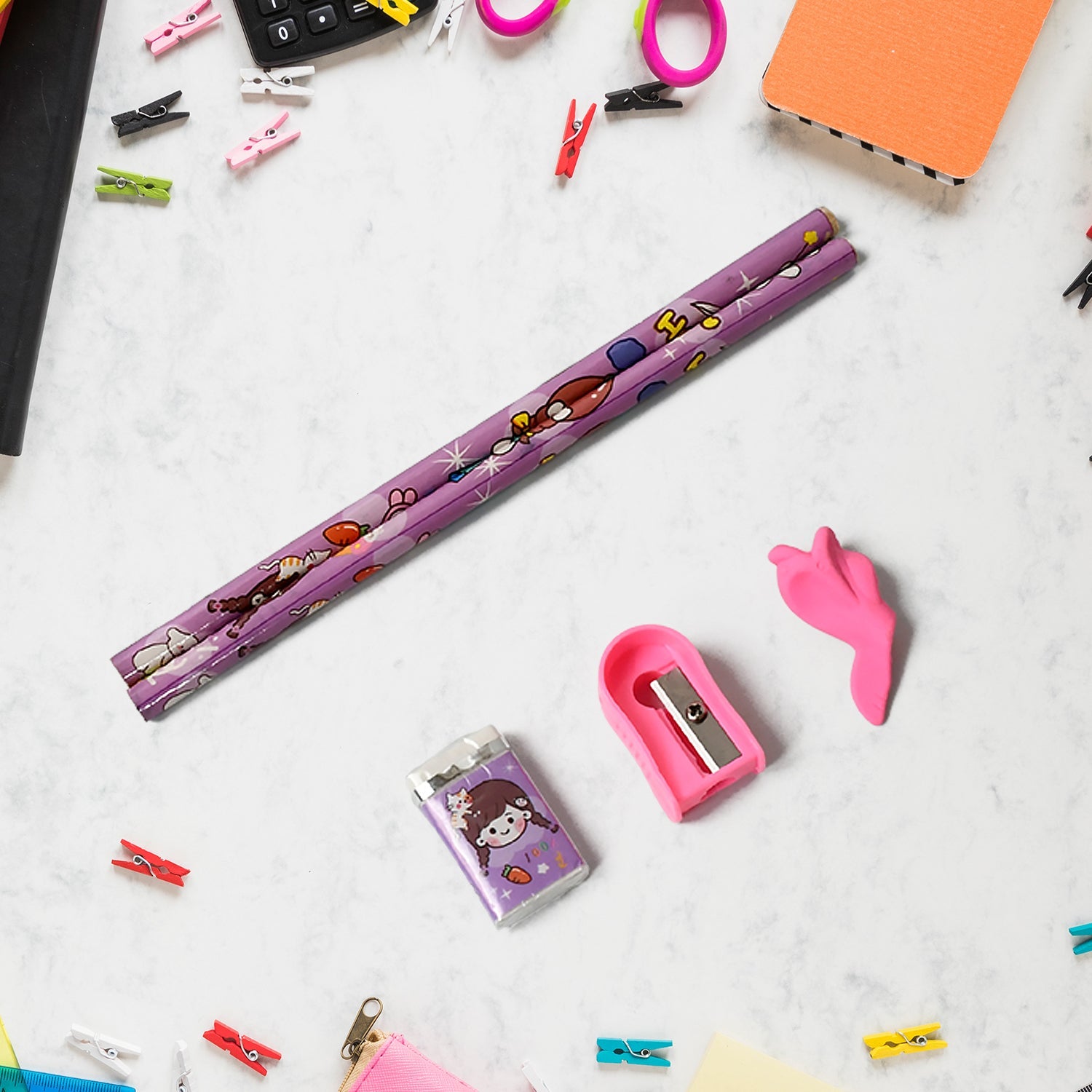 17526 Stationery Set For Girls And Boys  Kids Return Gift - 7 In 1 School Items For Kids-pencils Eraser Sharpener Pouch Pencil Extender  Birthday Gift Idea Stationary Kit Set For School Kids (Pack Of 7 Pcs Set) Wukusy