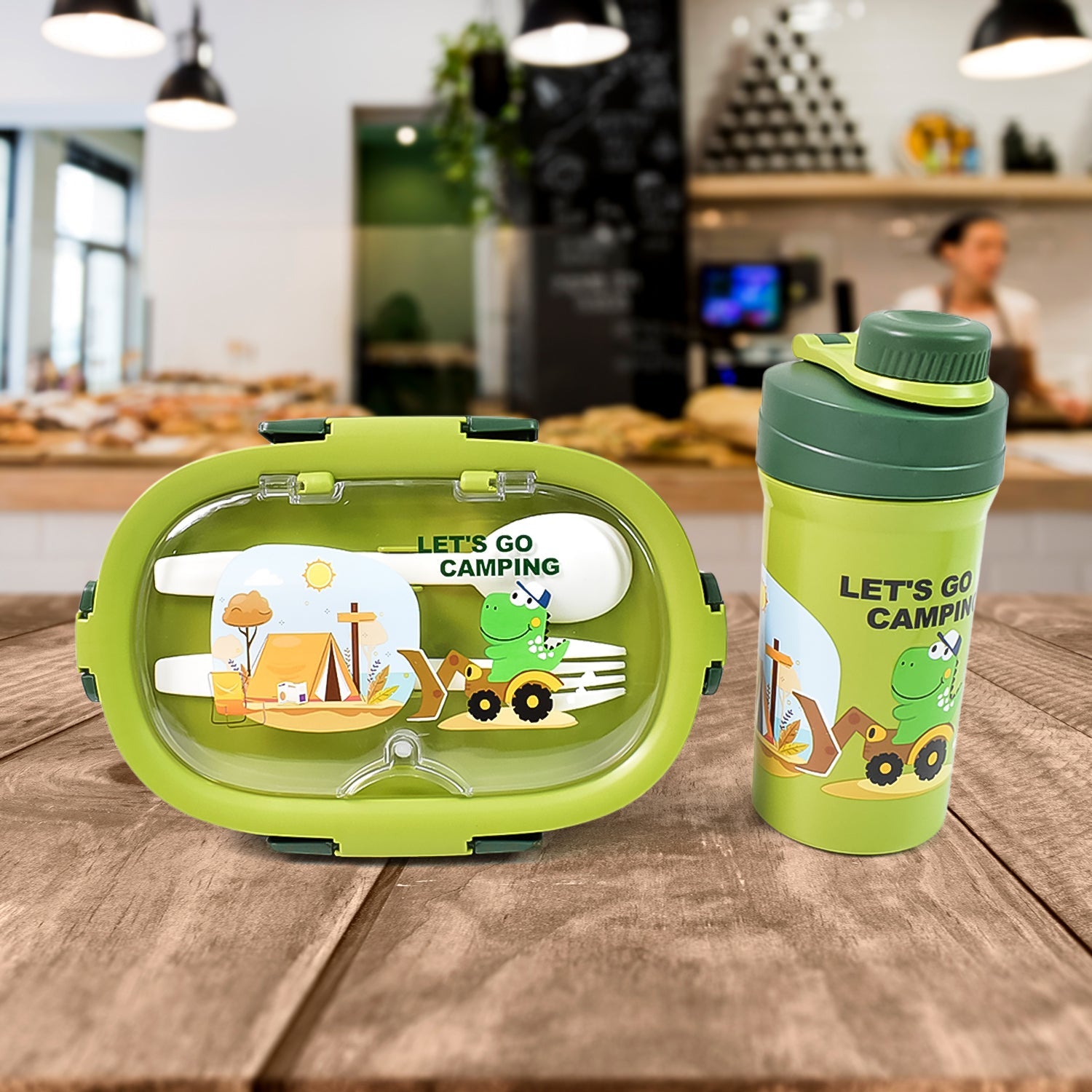 Plastic Lunch Box Leak Proof 3 Compartment With Bottle Spoon And Fork (1 Set) Wukusy