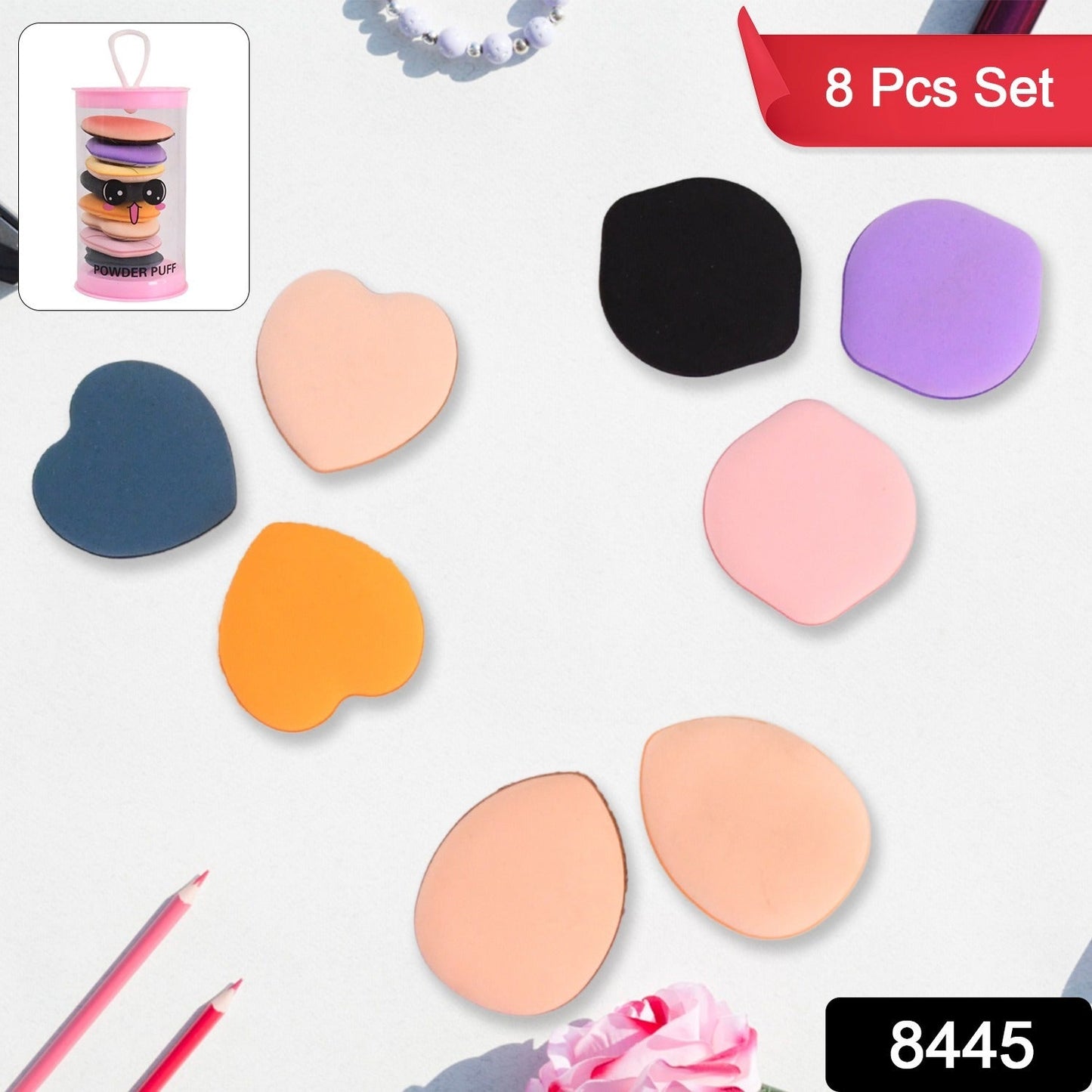 Mini Finger Makeup Powder Puff (Multicolour 8 Pcs Set) Wukusy