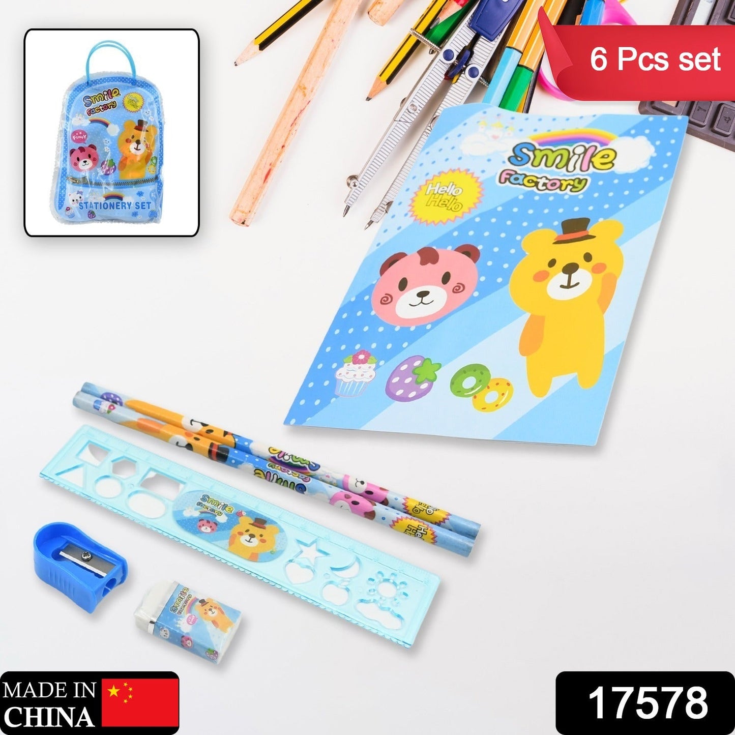 17578 Stationery Kit For Kids - Stationery Set Includes Wooden Pencil Sharpener Pencil And Eraser Set Birthday Return Gift For Kids Boys Girls 2 Pencil 1 Scale 1 Notebook1 Sharpener 1 Eraser  With Zip Bag (6 Pcs Set) Wukusy