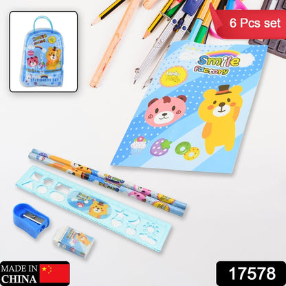 17578 Stationery Kit For Kids - Stationery Set Includes Wooden Pencil Sharpener Pencil And Eraser Set Birthday Return Gift For Kids Boys Girls 2 Pencil 1 Scale 1 Notebook1 Sharpener 1 Eraser  With Zip Bag (6 Pcs Set) Wukusy