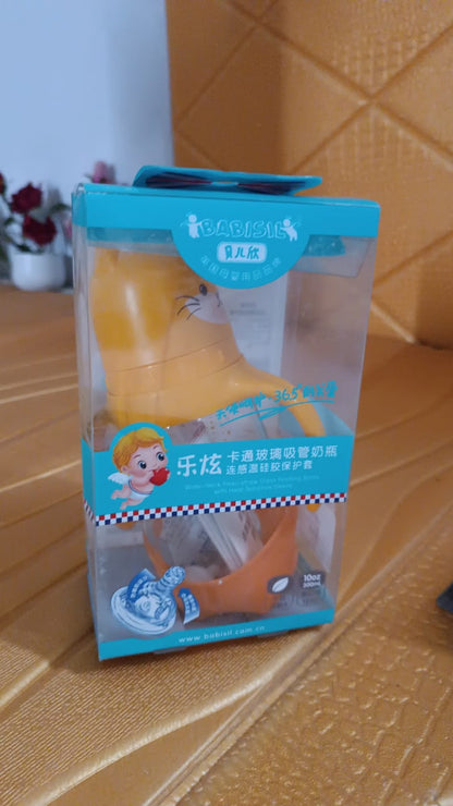 Glass Baby Feeding Bottle With Handles  Straw (300 Ml  1 Pc) Wukusy