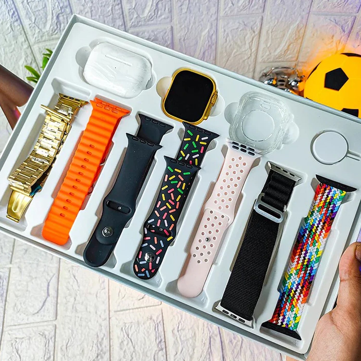 10 In1 Set Ultra Smart Bluetooth Calling Smartwatch + Earphones With Transparent Screen Guard Watch With Seven Classic Straps (Mix Color) Wukusy