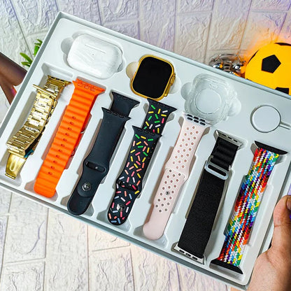 10 In1 Set Ultra Smart Bluetooth Calling Smartwatch + Earphones With Transparent Screen Guard Watch With Seven Classic Straps (Mix Color) Wukusy