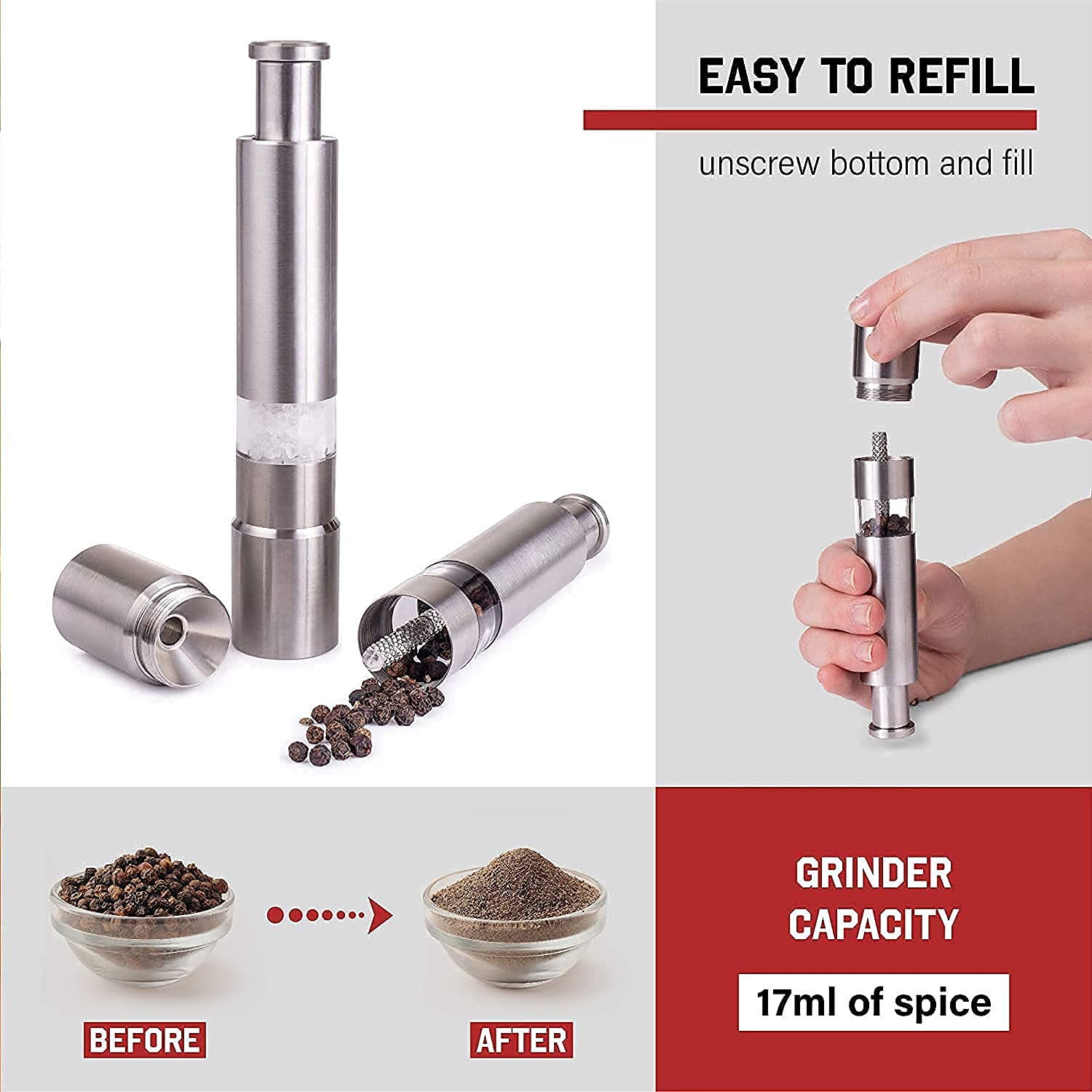 Stainless Steel Thumb Presser Salt And Pepper Grinder (1 Pc) Wukusy