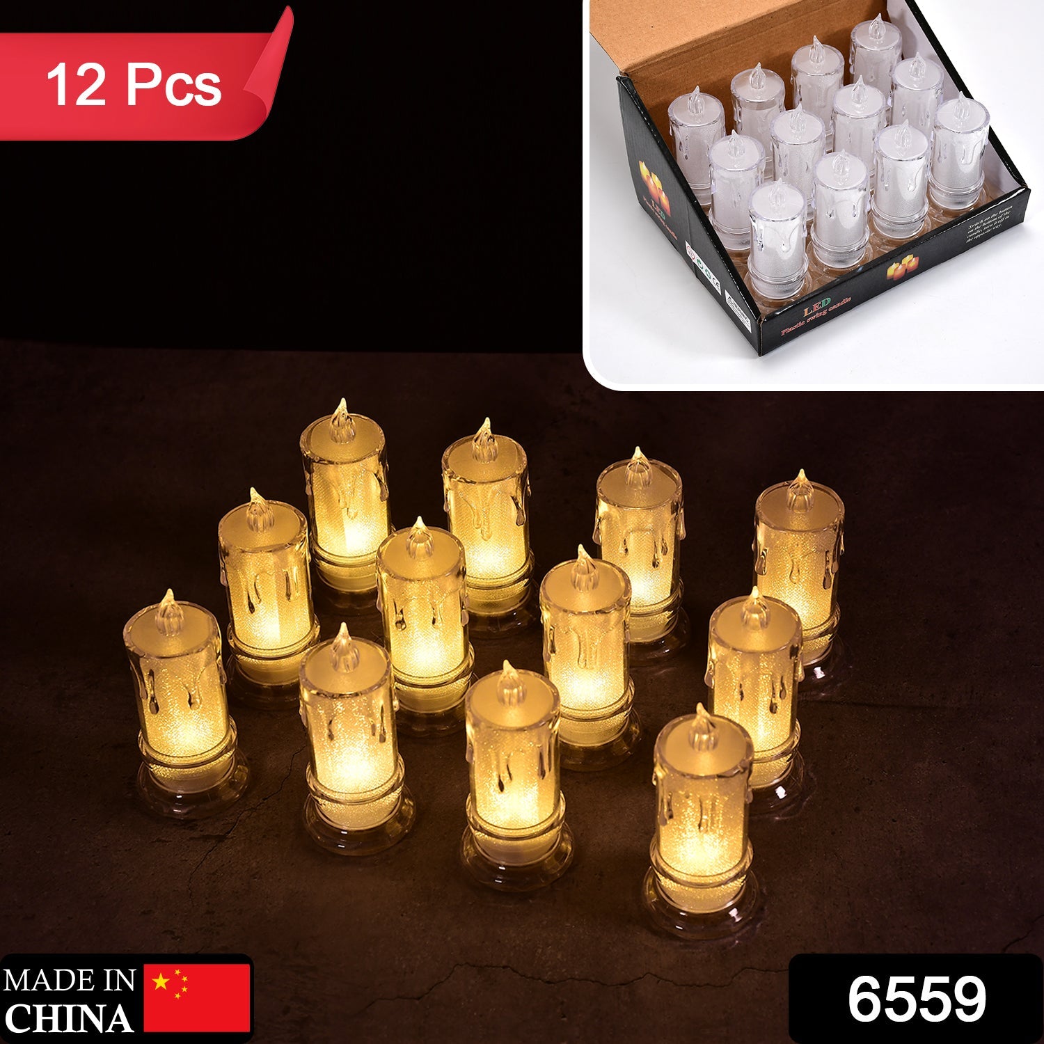 6559 Big Size Flameless Melted Design Candles For Decoration (Set Of 12pc) Wukusy