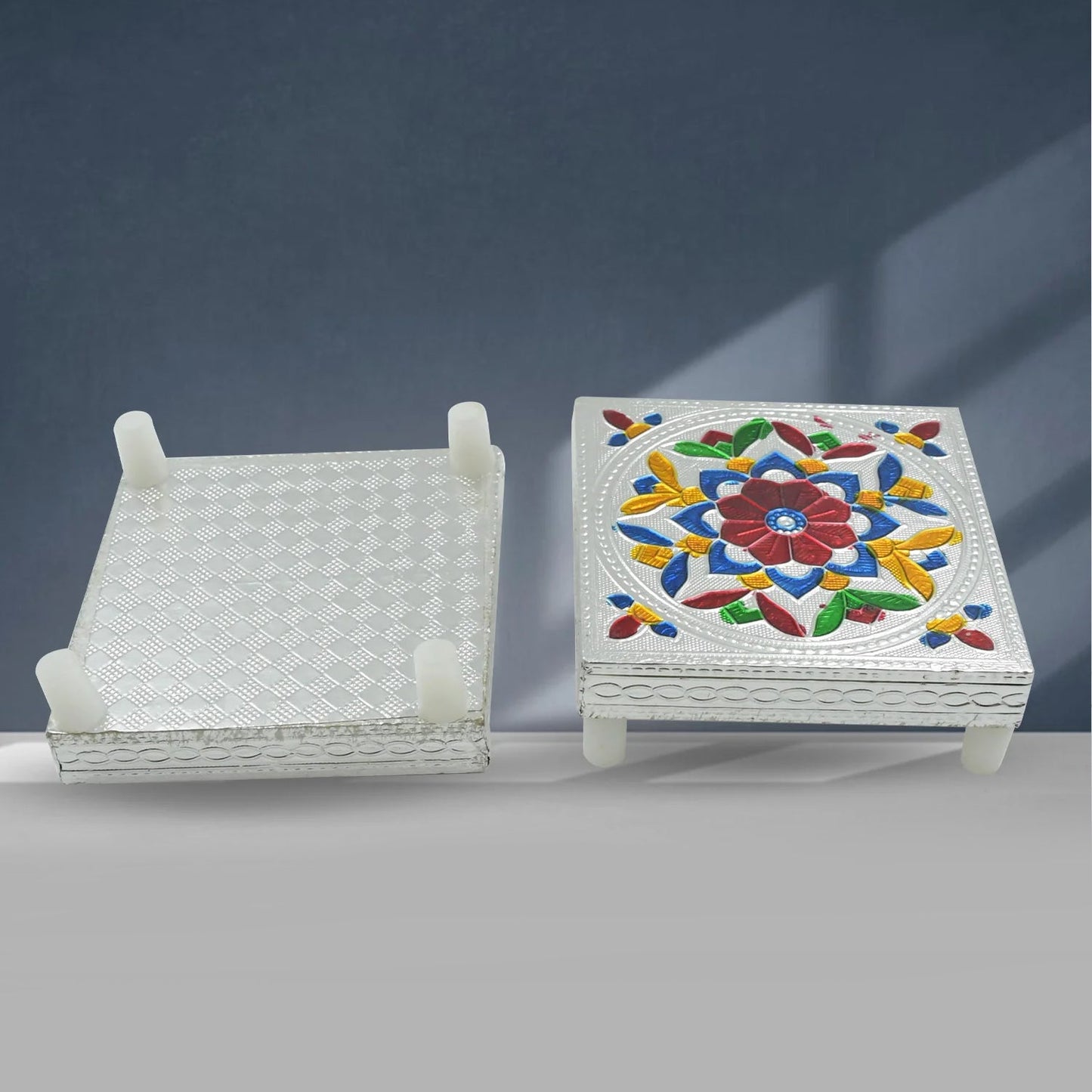 Handicraft Meenakari Wooden Chowki Puja Bajot For Home  Office Decor For Puja Multicolour (1 Pc Set) Wukusy