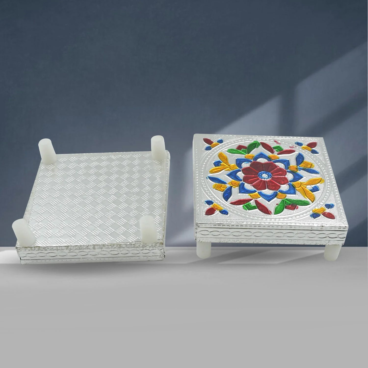 Handicraft Meenakari Wooden Chowki Puja Bajot For Home  Office Decor For Puja Multicolour (1 Pc Set) Wukusy