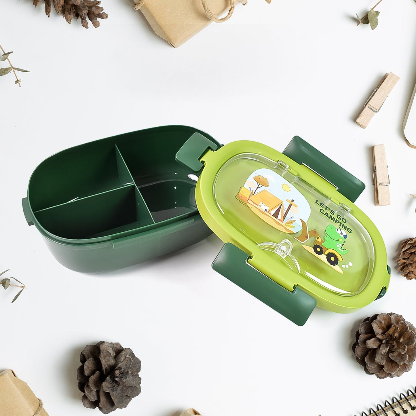 Plastic Lunch Box Leak Proof 3 Compartment With Bottle Spoon And Fork (1 Set) Wukusy