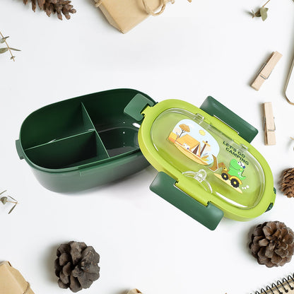 Plastic Lunch Box Leak Proof 3 Compartment With Bottle Spoon And Fork (1 Set) Wukusy