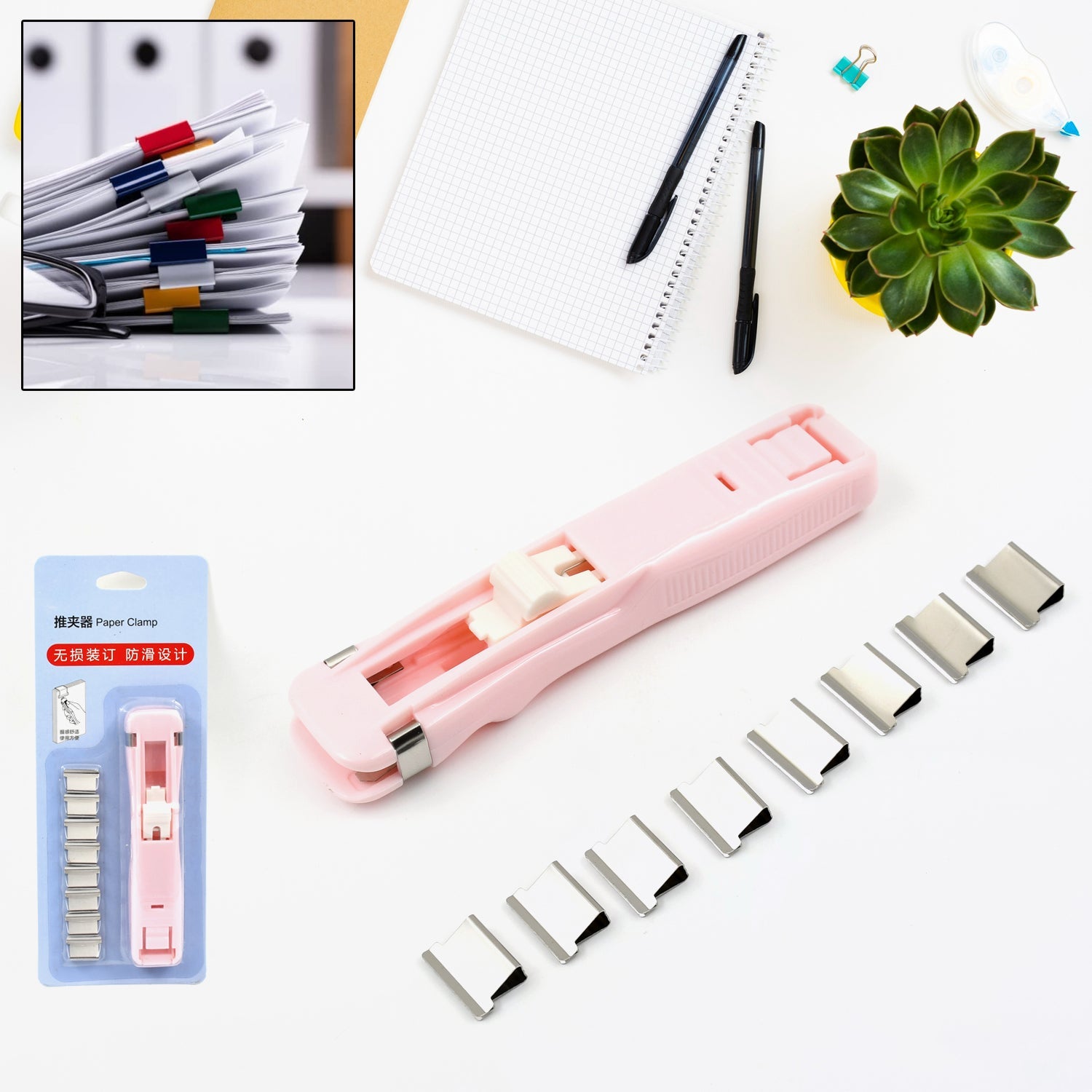 Portable Paper Clamp With 8 Pcs Clip Dispenser Handheld Paper Fast Clam (1 Set) Wukusy