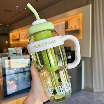 Approx 1300ml Large Capacity Cute Ice Cream Themed Water Bottle With Handle Straw  Fruit Infuser  Leakproof Sipper For Kids  Adults Wukusy