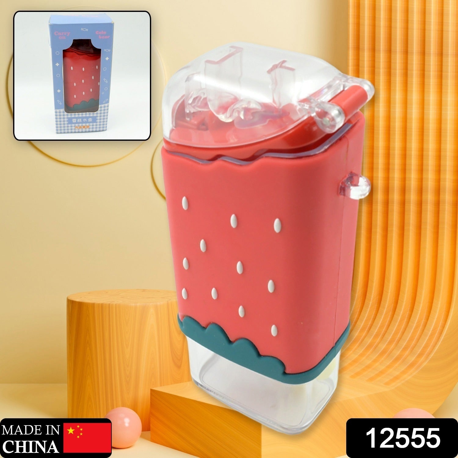 12555 Portable Cute Water Bottle For Kids Unique Ice Cream Shape Water Cup Popsicle Shaped Plastic Kettle With Straw Adjustable Shoulder Strap Bpa Free Leakproof (300 Ml) Wukusy