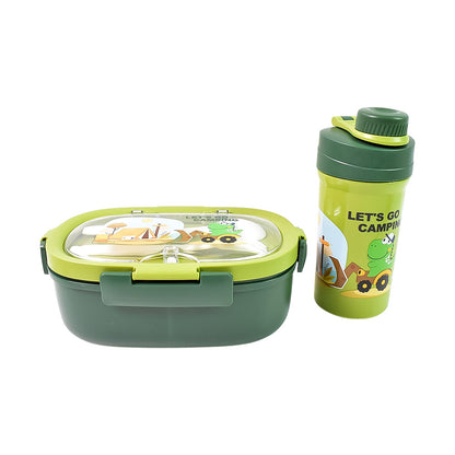 Plastic Lunch Box Leak Proof 3 Compartment With Bottle Spoon And Fork (1 Set) Wukusy