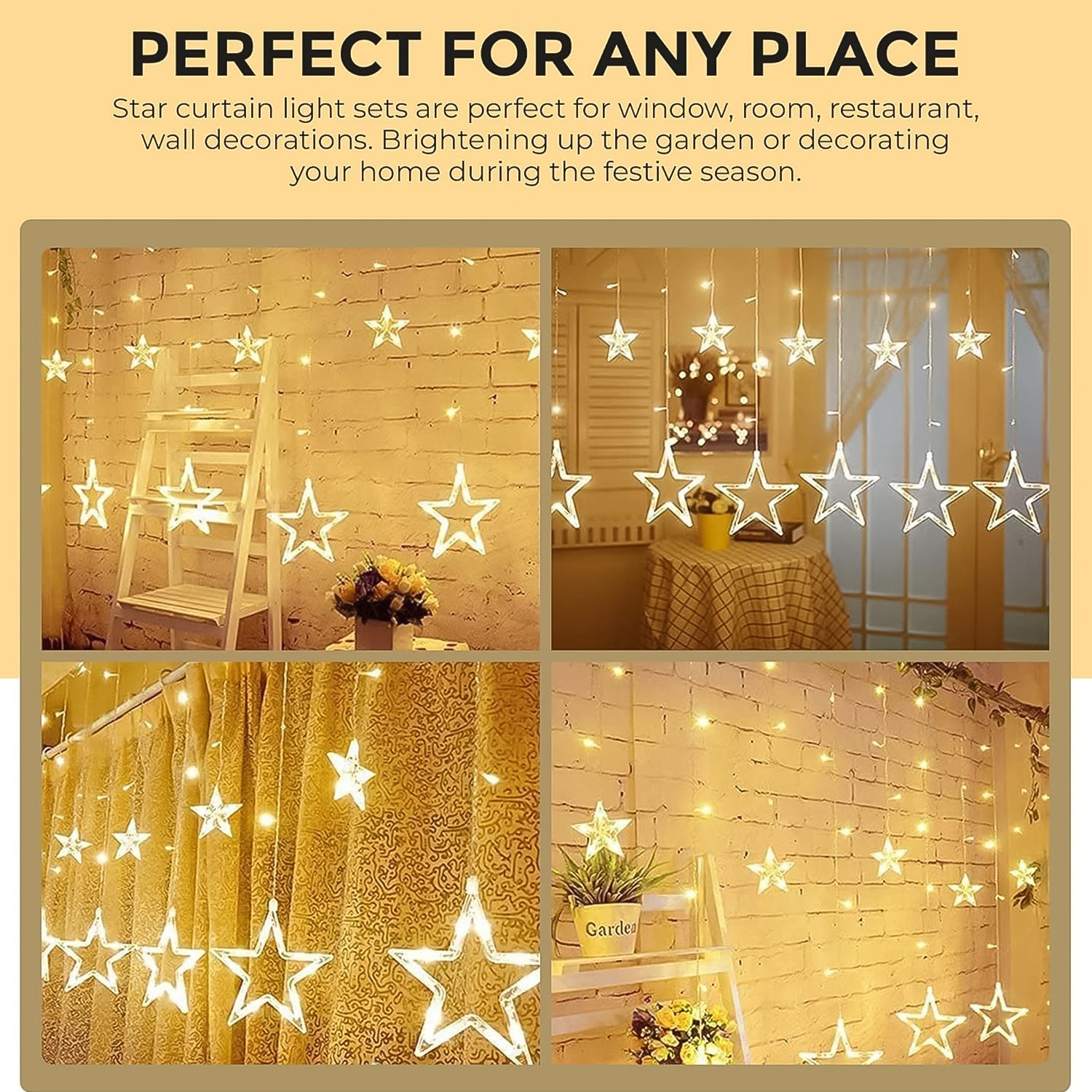 3385 12 Stars Led Curtain String Lights With 8 Flashing Modes For Home Decoration Diwali  Wedding Led Christmas Light Indoor And Outdoor Light Festival Decoration  (Warm White) Wukusy