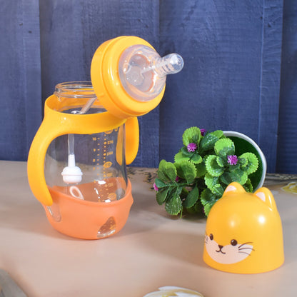 Glass Baby Feeding Bottle With Handles  Straw (300 Ml  1 Pc) Wukusy