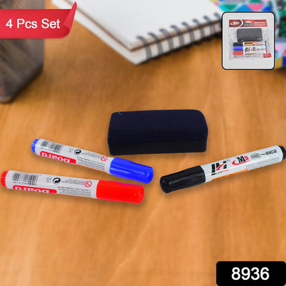 Whiteboard Marker Set (Blue Black Red) With Board Duster - Pack Of 4 Wukusy