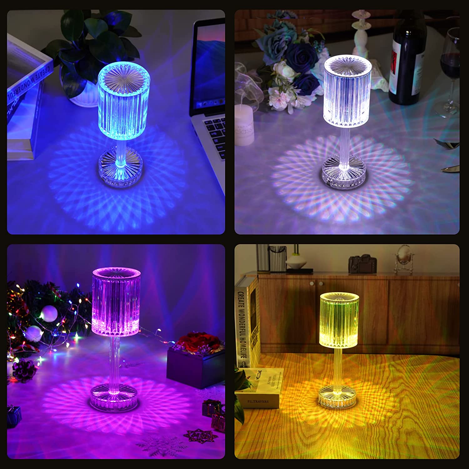 Crystal Table Lamp  Touch Control Atmosphere Nightstand Lamp With Usb Charging Line Wukusy