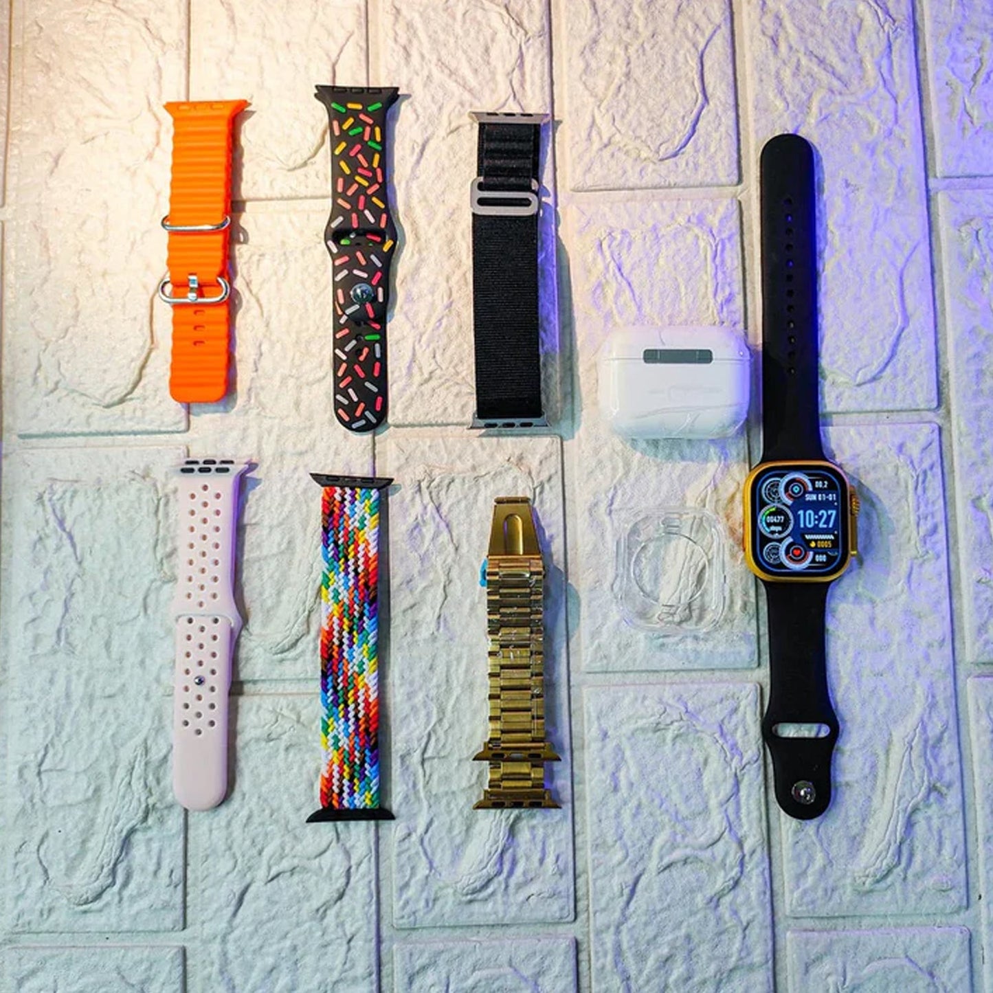 10 In1 Set Ultra Smart Bluetooth Calling Smartwatch + Earphones With Transparent Screen Guard Watch With Seven Classic Straps (Mix Color) Wukusy