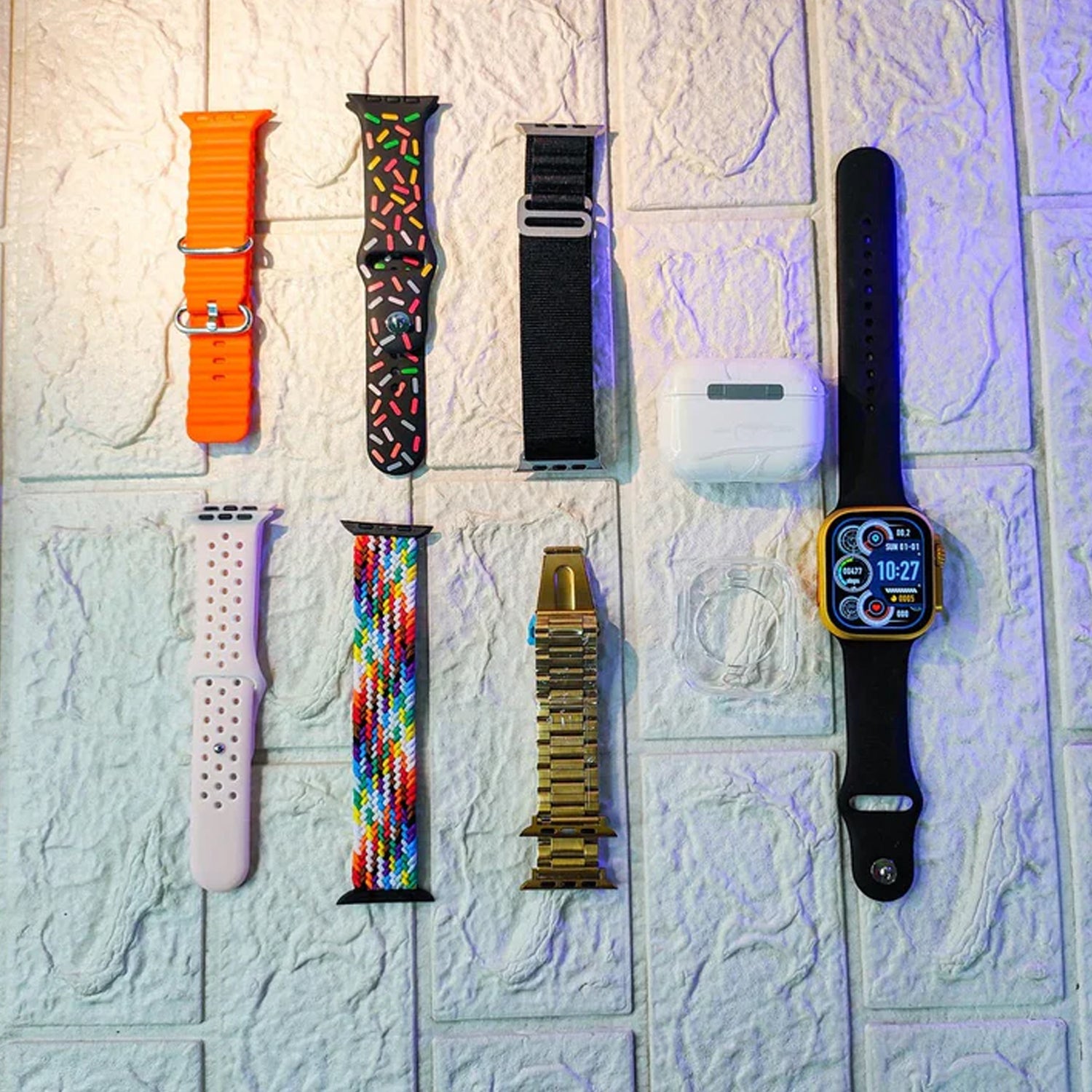 10 In1 Set Ultra Smart Bluetooth Calling Smartwatch + Earphones With Transparent Screen Guard Watch With Seven Classic Straps (Mix Color) Wukusy