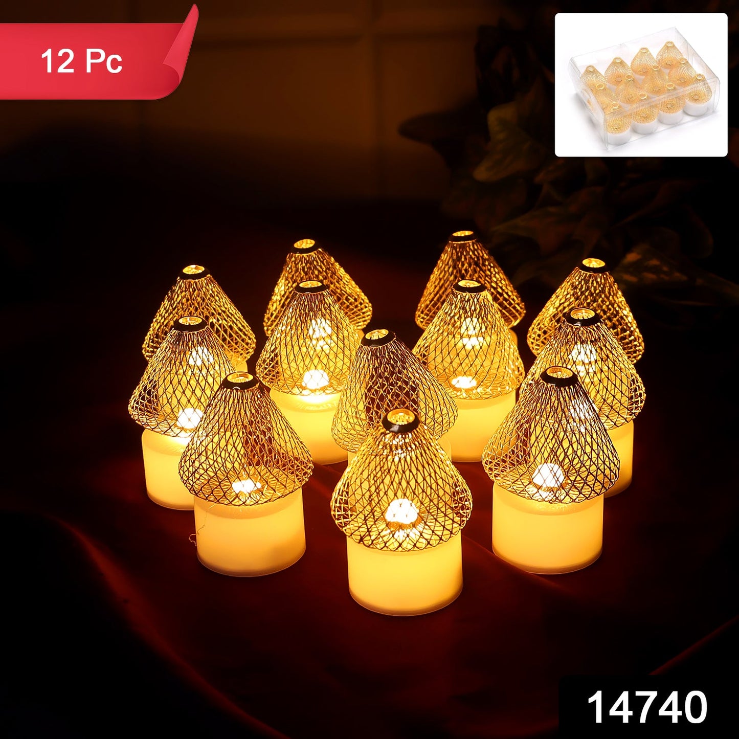 Set Of 12 Decorative Led Flameless Candle Lights With Golden Net Cover Wukusy