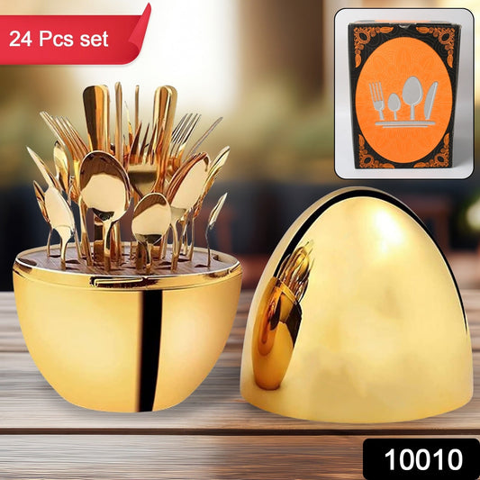 10010 Premium Cutlery Set 24 Pcs With Oval Shaped Stand  Beautiful Stylish Oval Designed Cutlery Sets Egg-shaped Luxury Spoon Holder Set (Golden  24 Pcs Set) Wukusy
