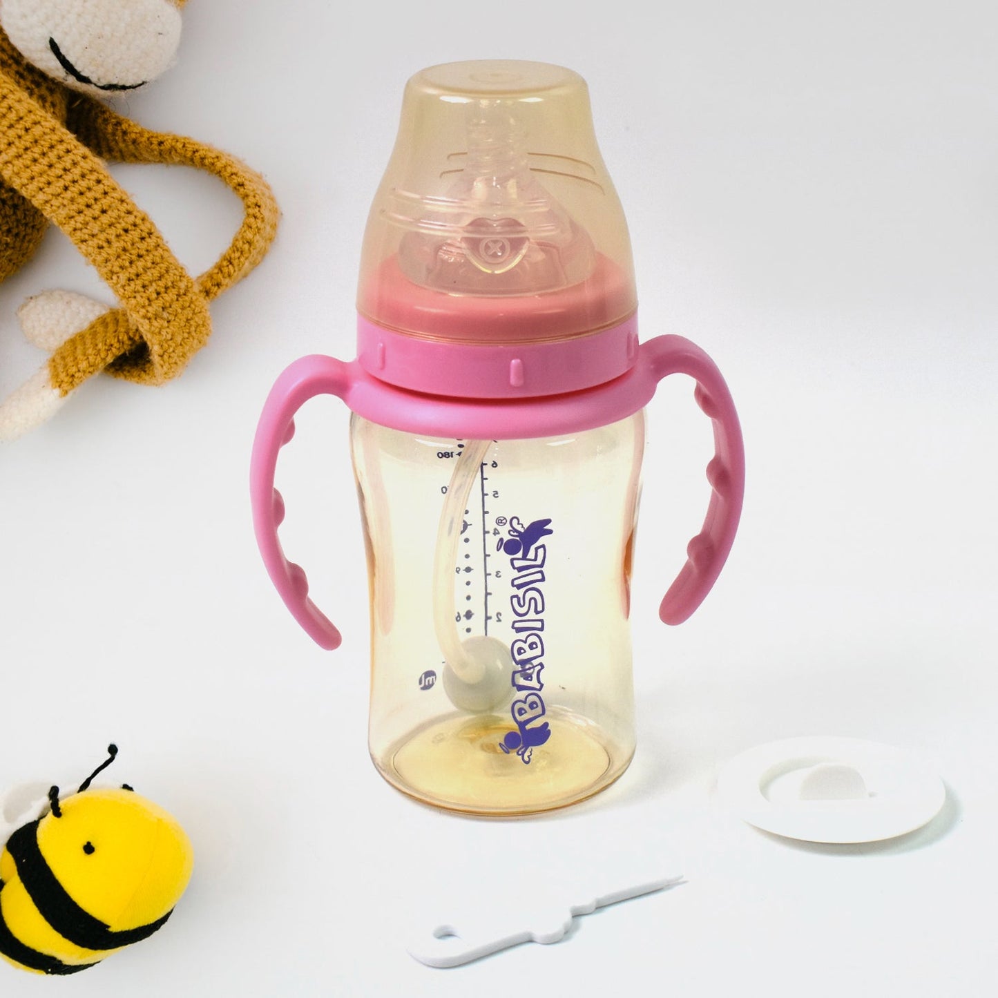 Plastic Baby Feeding Bottle With Handles  Straw (220 Ml  1 Pc) Wukusy
