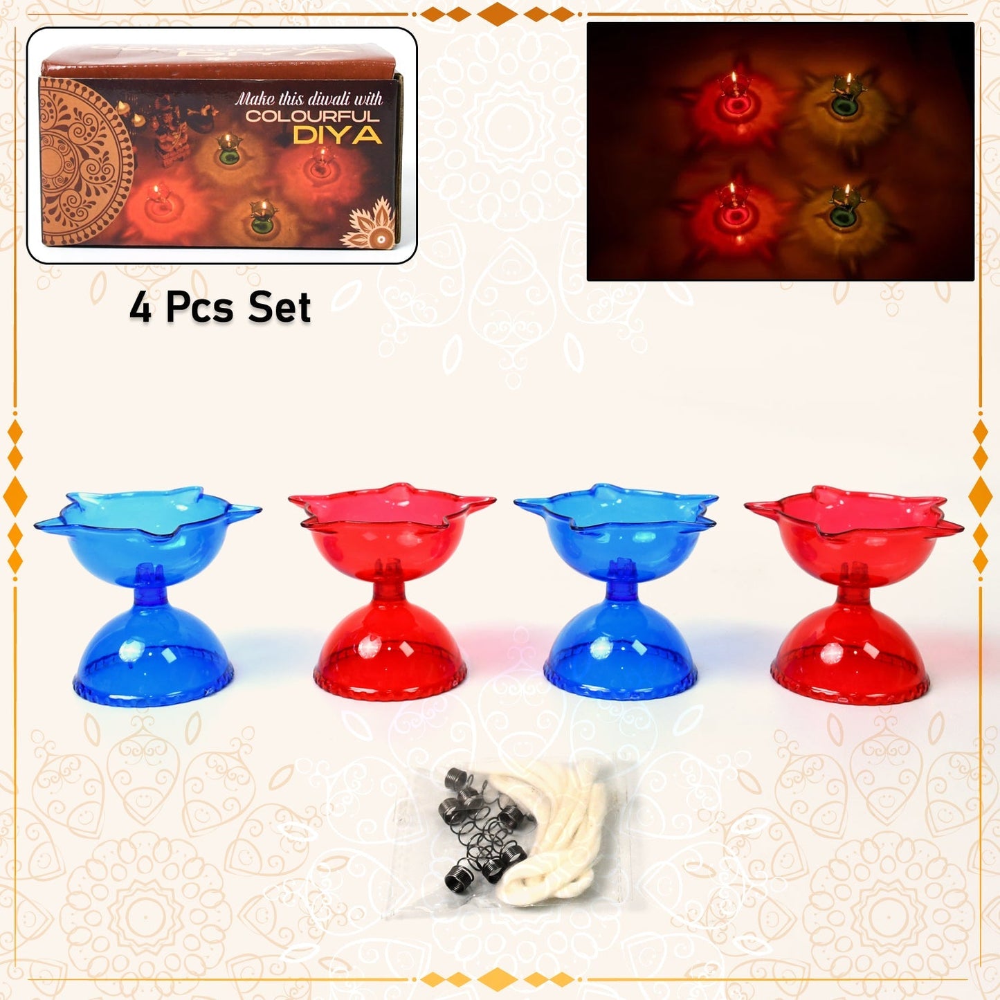 Colourful Reflection Diya Combo Plastic Candle Cup With Multi Shape (4 Pcs Set) Wukusy