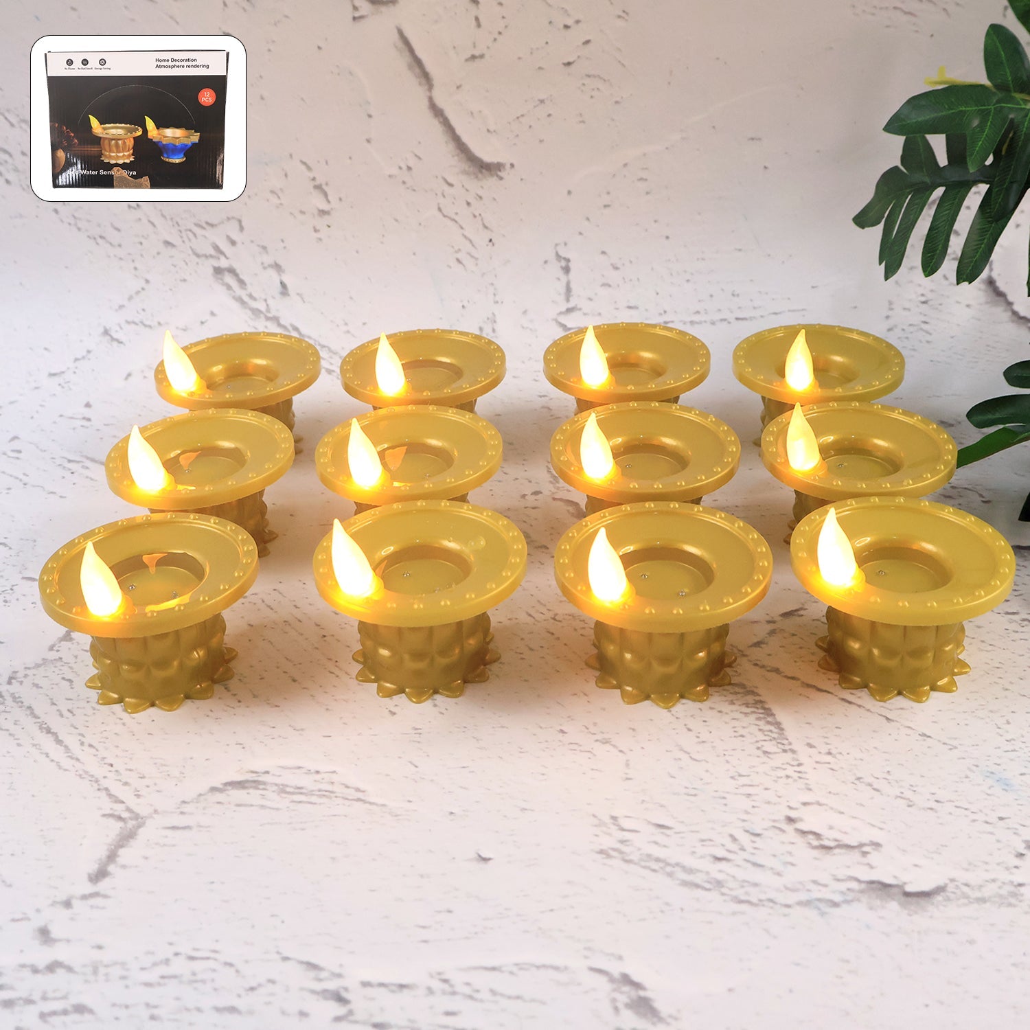 Set Of 12 Water Sensor Led Golden Diyas Wukusy
