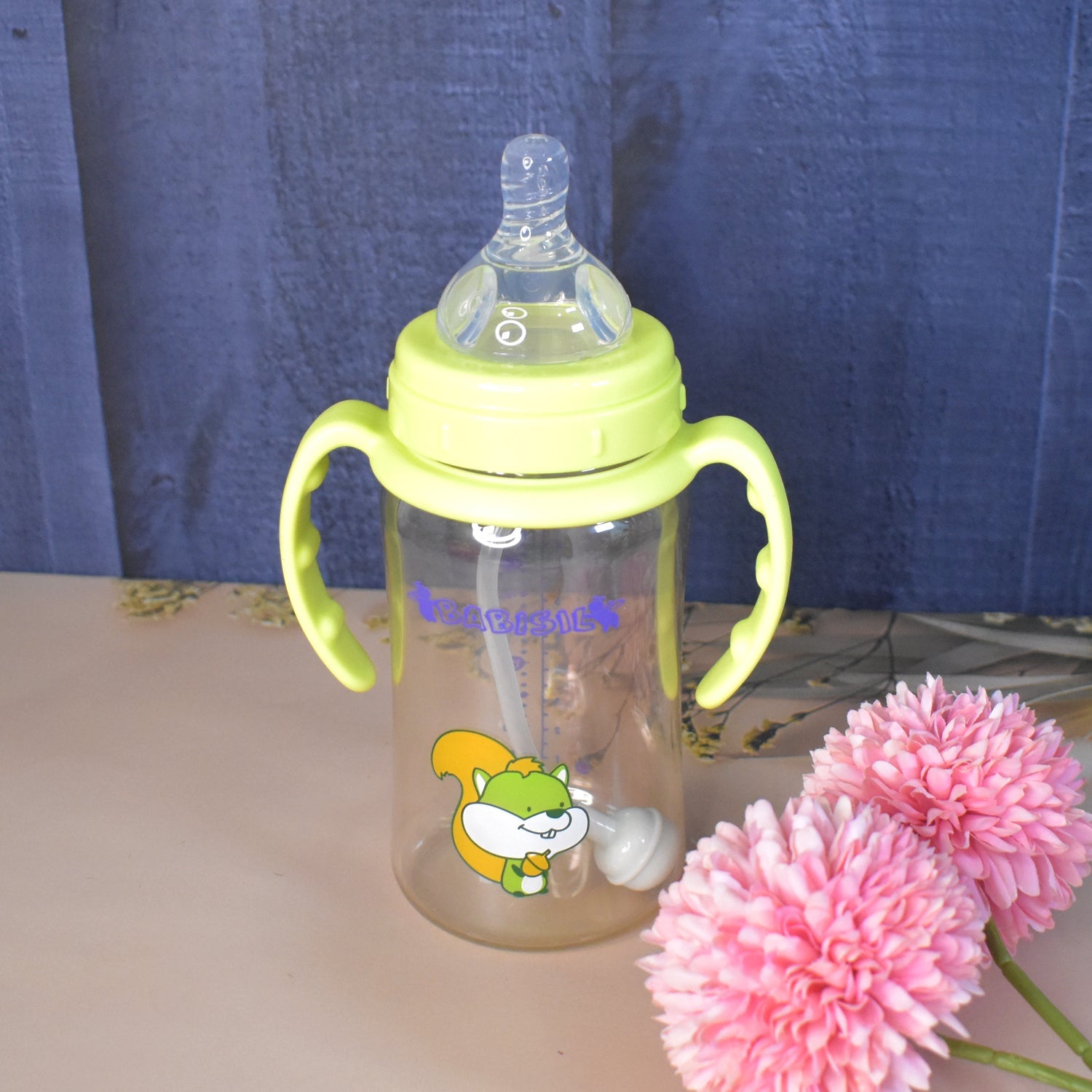 Plastic Baby Feeding Bottle With Handles Cleaning Brush  Straw (300 Ml  1 Pc) Wukusy