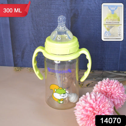 Plastic Baby Feeding Bottle With Handles Cleaning Brush  Straw (300 Ml  1 Pc) Wukusy