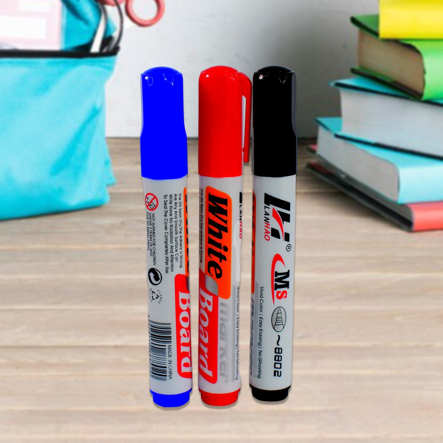 Whiteboard Marker Set (Blue Black Red) With Board Duster - Pack Of 4 Wukusy