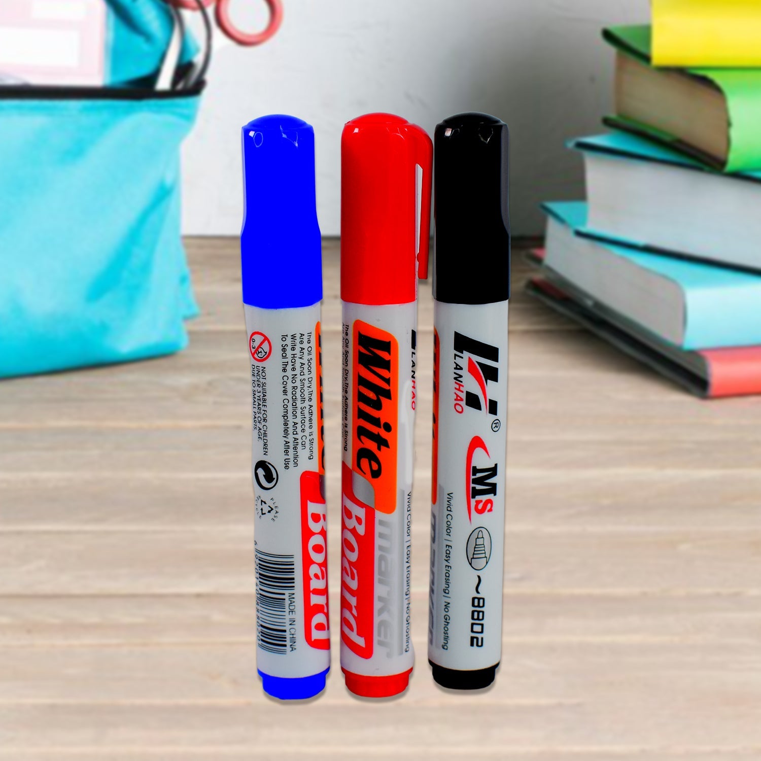 Whiteboard Marker Set (Blue Black Red) With Board Duster - Pack Of 4 Wukusy