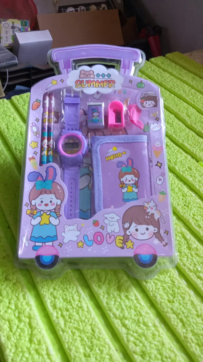 17526 Stationery Set For Girls And Boys  Kids Return Gift - 7 In 1 School Items For Kids-pencils Eraser Sharpener Pouch Pencil Extender  Birthday Gift Idea Stationary Kit Set For School Kids (Pack Of 7 Pcs Set) Wukusy