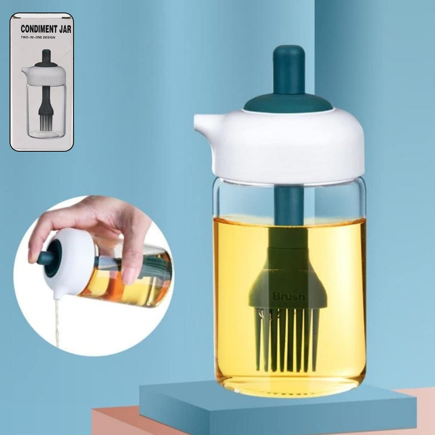 2 In 1 Glass Oil Dispenser Jar  Bottle With Brush (1 Set) Wukusy