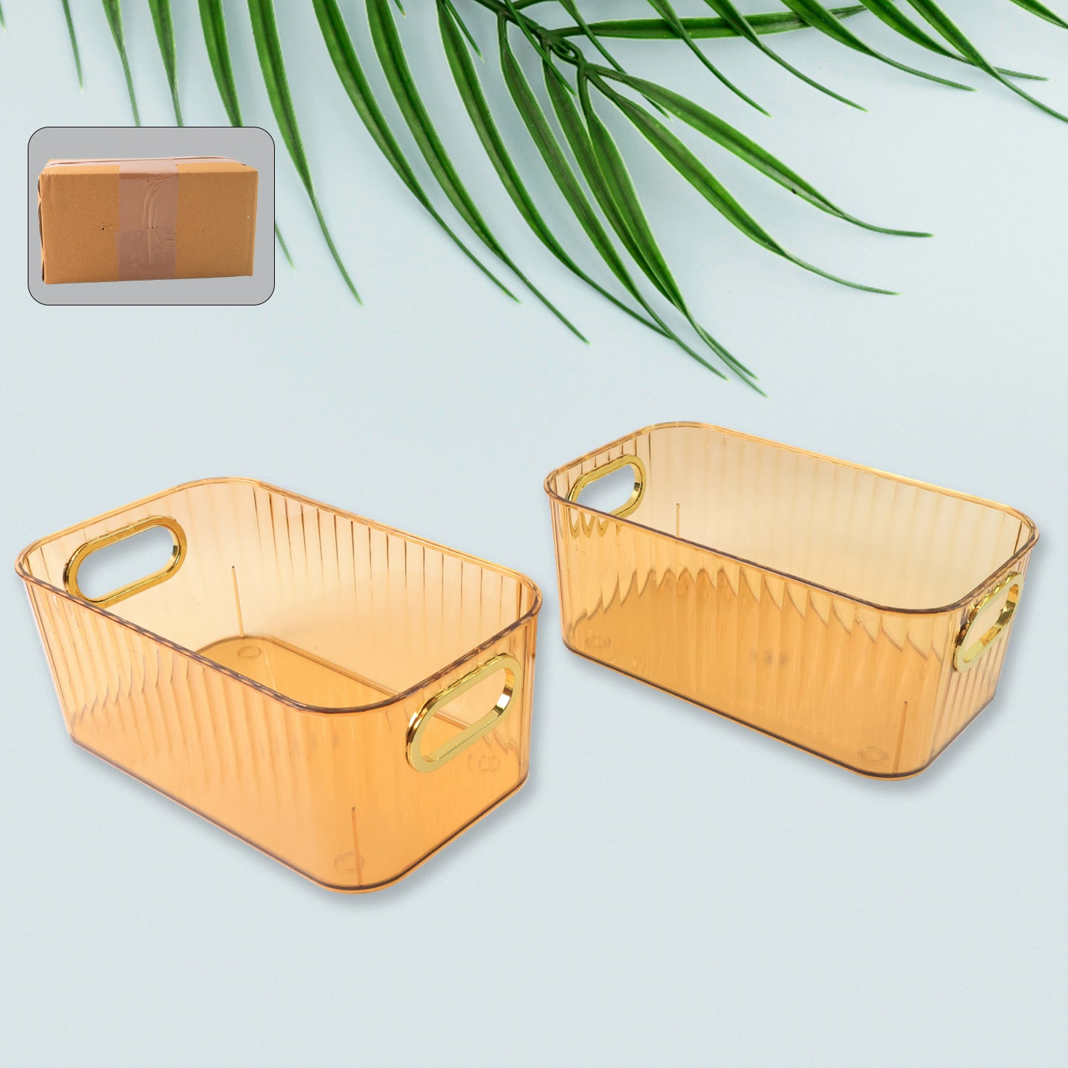 Premium Ribbed Transparent Storage Basket With Gold Handle  Multipurpose Kitchen Amp Home Organizer Box (25x14cm  2 Pc) Wukusy
