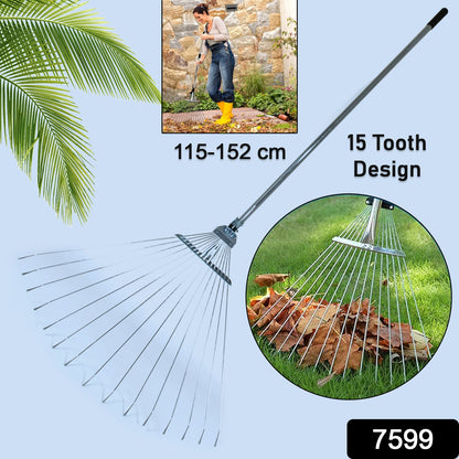 7599 115-152 Cm Rake For Gardening Stainless Steel Telescopic Garden Rake For Quick Clean Up Of Lawn And Yard Adjustable Rake Claws Spacing Garden Broom With Long Handle For Clean Leaves (Moq - 2 Pc) Wukusy