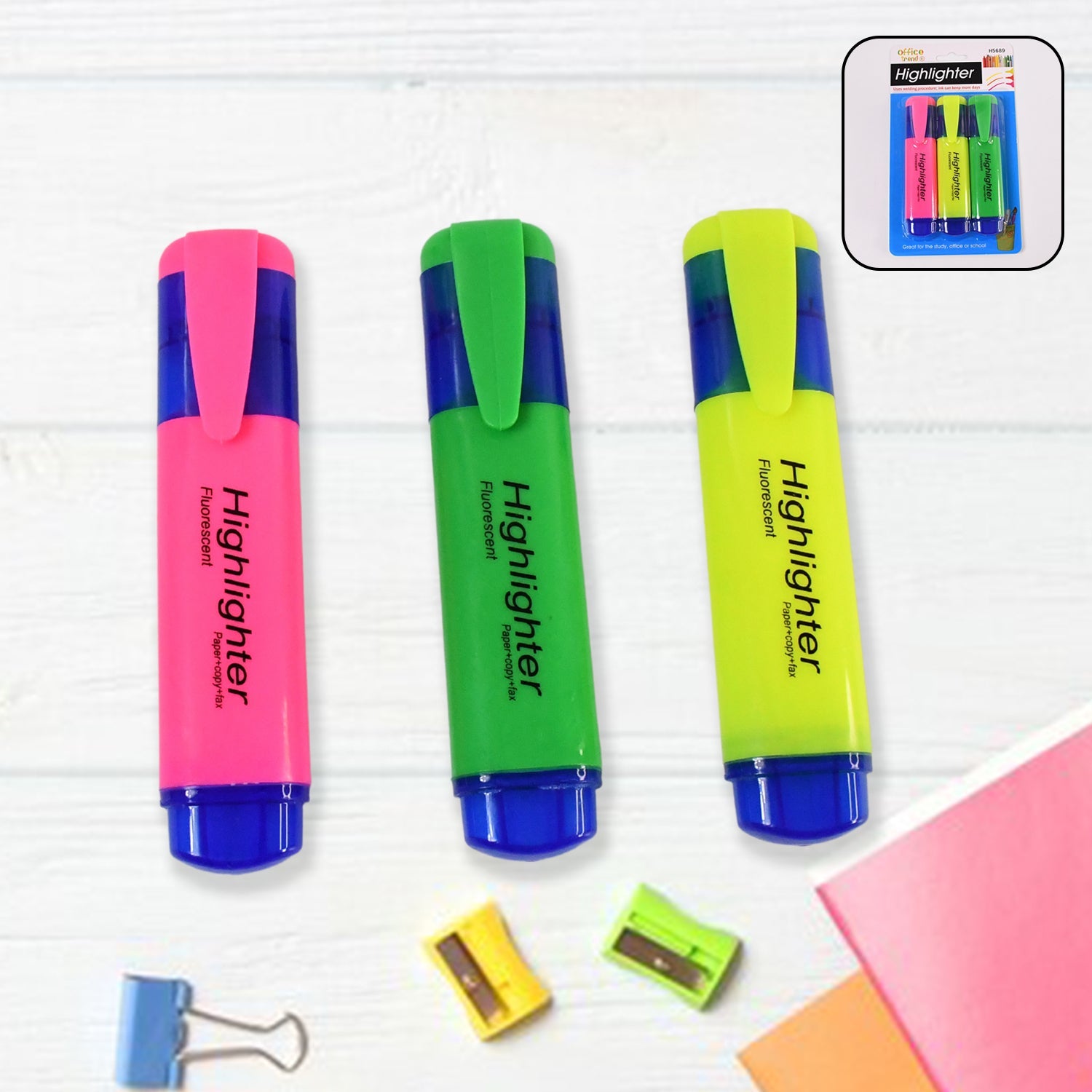 Highlighter Pen Assorted Colours Water Based Broad Tip Writing Marker (3 Pcs Set) Wukusy