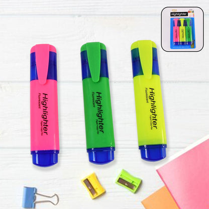 Highlighter Pen Assorted Colours Water Based Broad Tip Writing Marker (3 Pcs Set) Wukusy