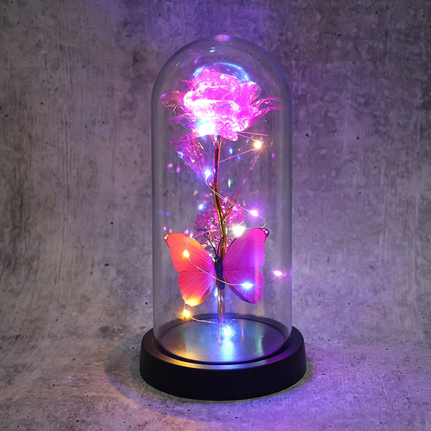 Led Decorative Rose With Butterfly In Transparent Plastic Dome (1 Pc  Battery Not Included) Wukusy