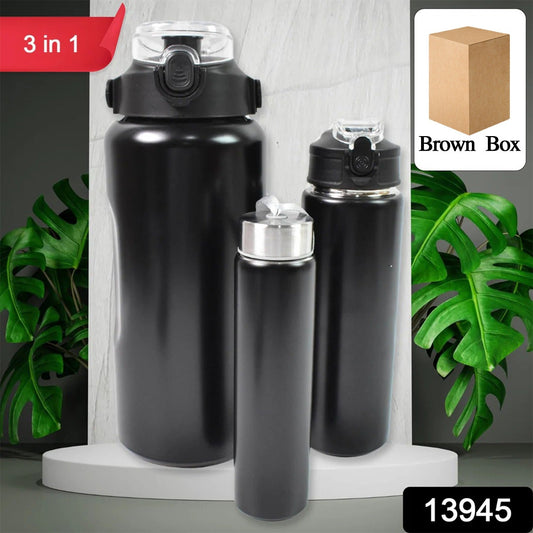 3 In 1 Stainless Steel Insulated Water Bottle Double Wall Vacuum (3 Pcs Set  Different Size) Wukusy