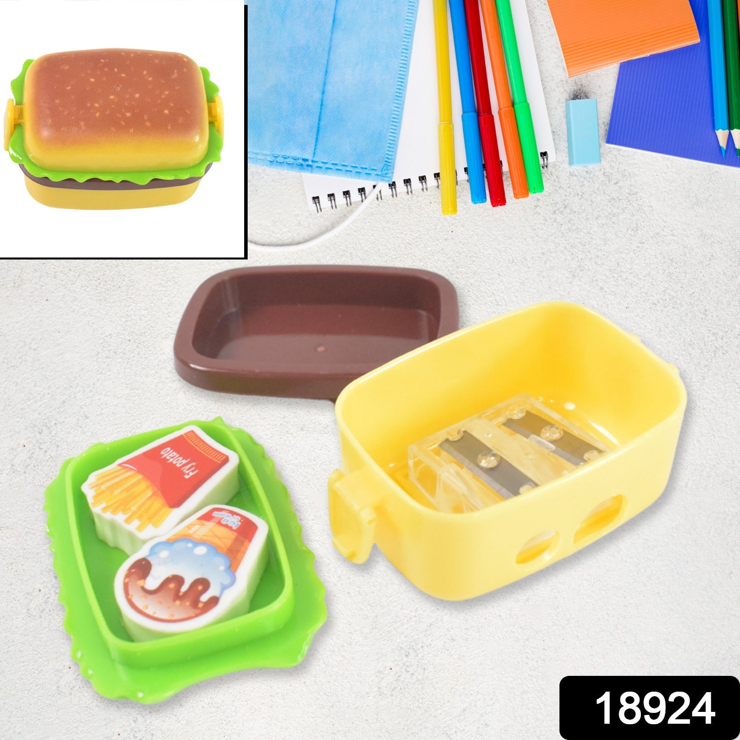 Plastic Burger Shape Small Size Double Hole Sharpener With Eraser (1 Set) Wukusy