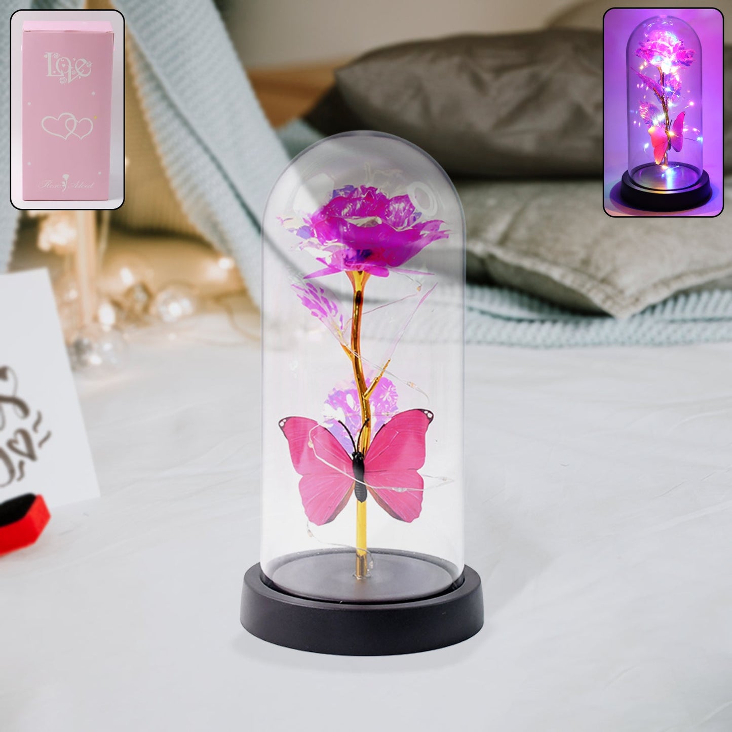 Led Decorative Rose With Butterfly In Transparent Plastic Dome (1 Pc  Battery Not Included) Wukusy