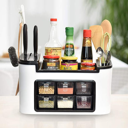 Multifunctional Kitchen Storage Organizer Rack With 6 Spice Containers Knife  Spoon Holder And Top Shelf Wukusy