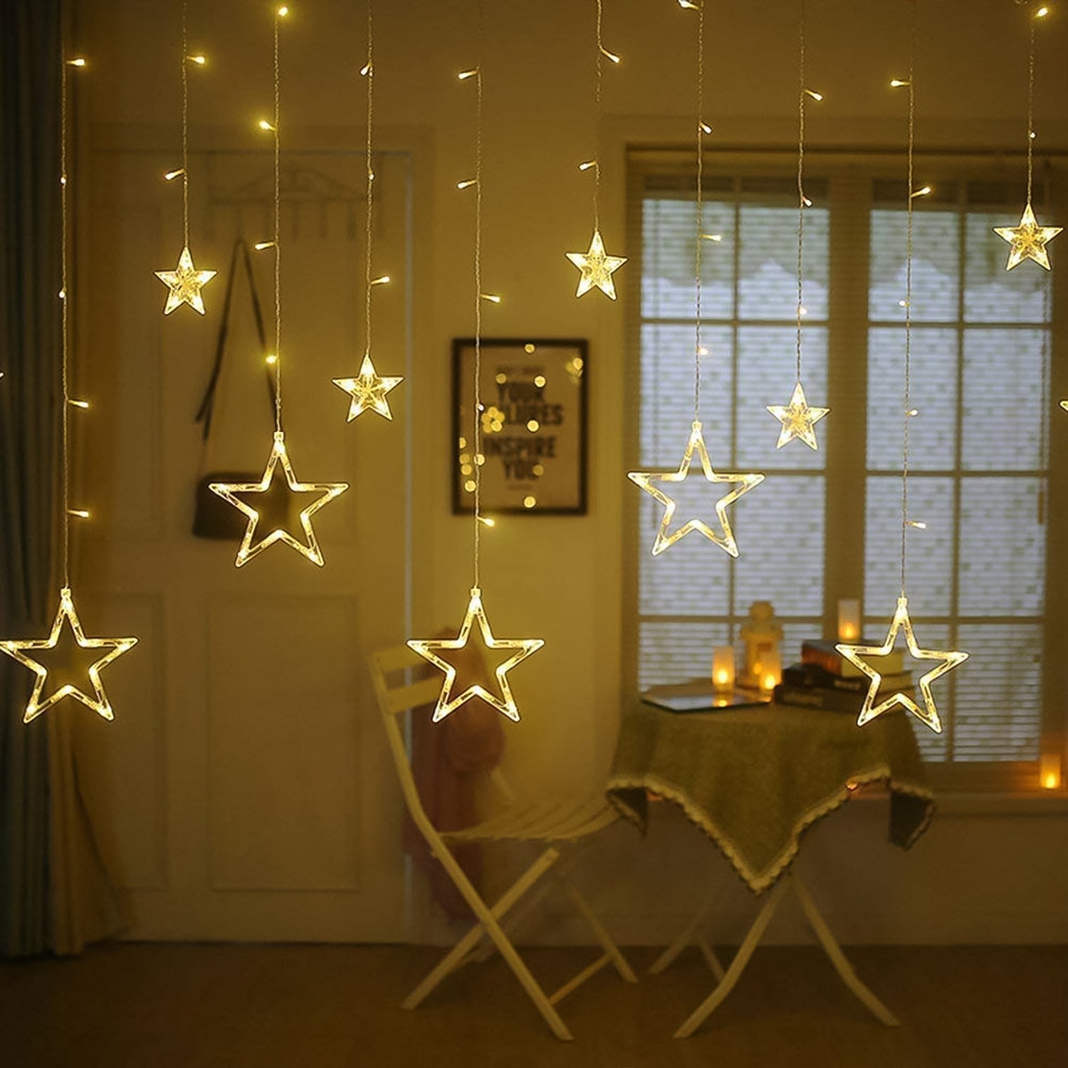 3385 12 Stars Led Curtain String Lights With 8 Flashing Modes For Home Decoration Diwali  Wedding Led Christmas Light Indoor And Outdoor Light Festival Decoration  (Warm White) Wukusy