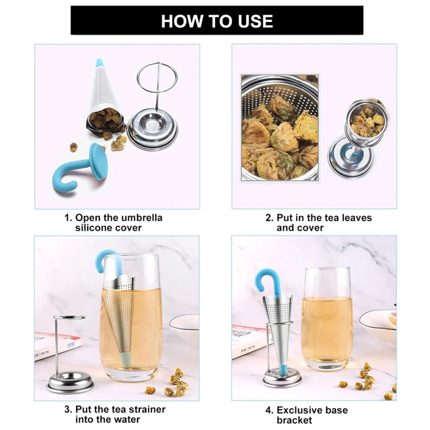 Reusable Cute Umbrella Tea Strainer With Tray  Stand (1 Pc) Wukusy