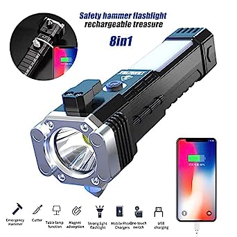 Portable 3w Rechargeable Torch Led Flashlight Long Distance Beam Range Hammer And Strong Magnets Window Glass And Seat Belt Cutter 4 Modes For Car Camping Hiking Indoor Outdoor Wukusy