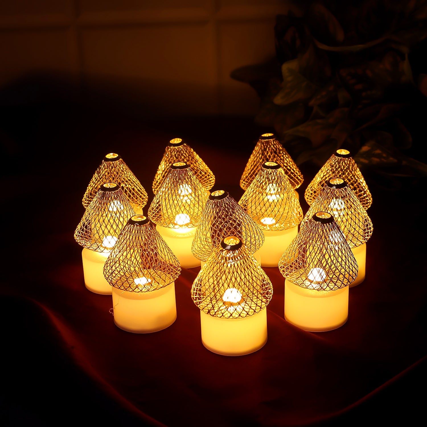 Set Of 12 Decorative Led Flameless Candle Lights With Golden Net Cover Wukusy